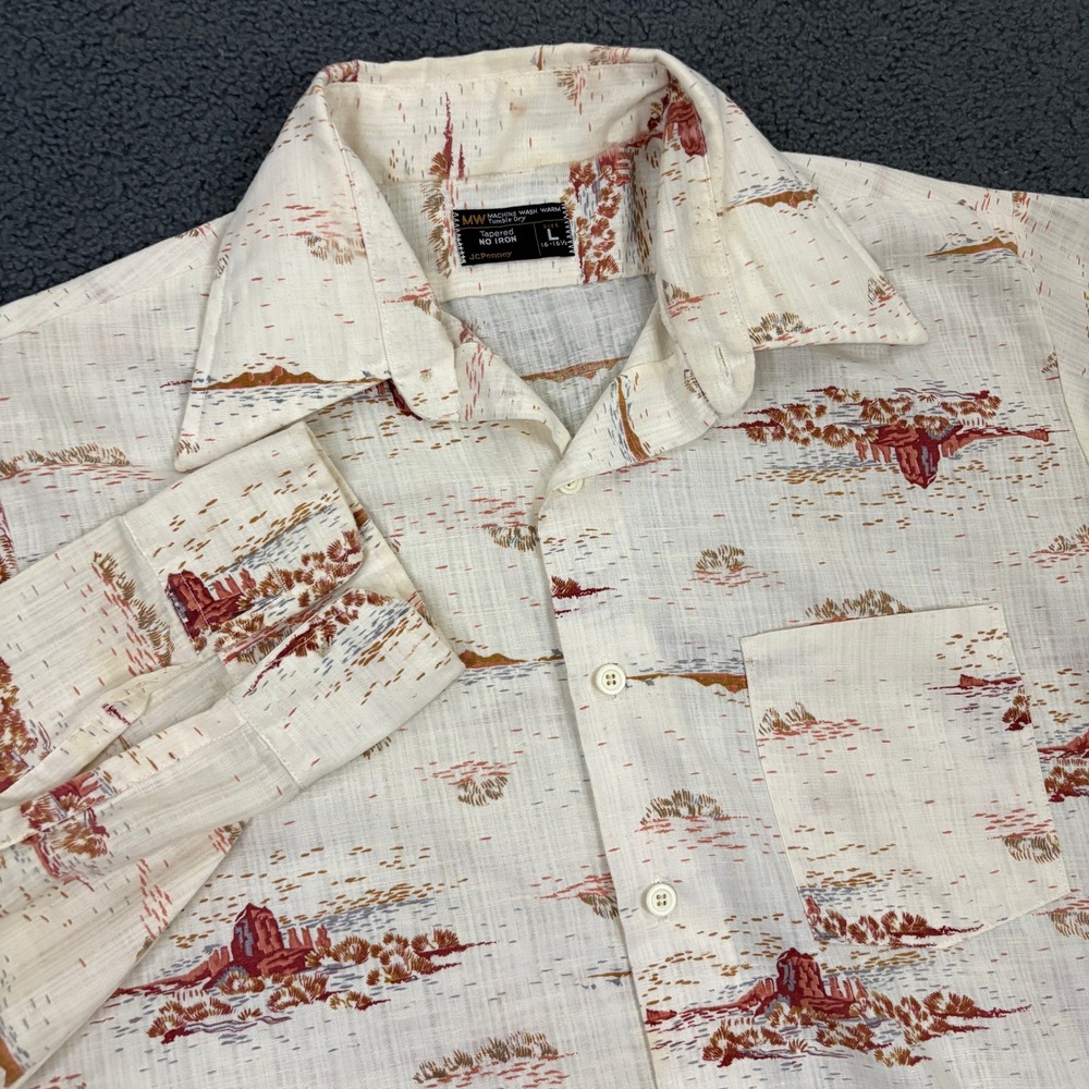 Vintage JC Penny Shirt Mens Large Southwest Desert Print Dagger Collar Disco